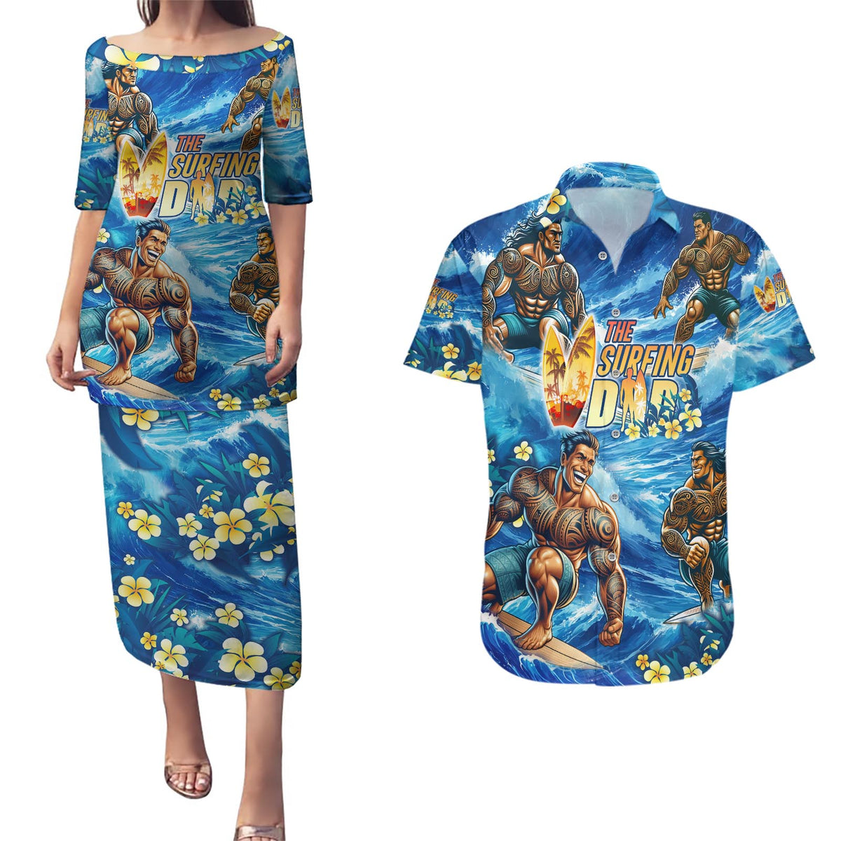 Hawaii Father's Day Couples Matching Puletasi and Hawaiian Shirt The Surfing Dad Polynesian Tattoo DT02 Blue - Polynesian Pride