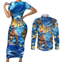 Hawaii Father's Day Couples Matching Short Sleeve Bodycon Dress and Long Sleeve Button Shirt The Surfing Dad Polynesian Tattoo DT02 Blue - Polynesian Pride