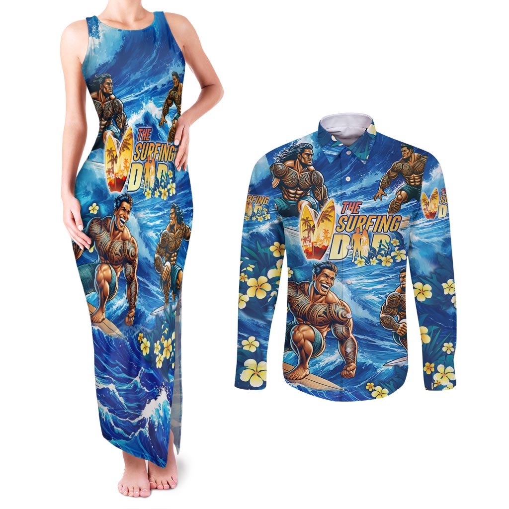 Hawaii Father's Day Couples Matching Tank Maxi Dress and Long Sleeve Button Shirt The Surfing Dad Polynesian Tattoo DT02 Blue - Polynesian Pride