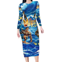 Hawaii Father's Day Family Matching Long Sleeve Bodycon Dress and Hawaiian Shirt The Surfing Dad Polynesian Tattoo