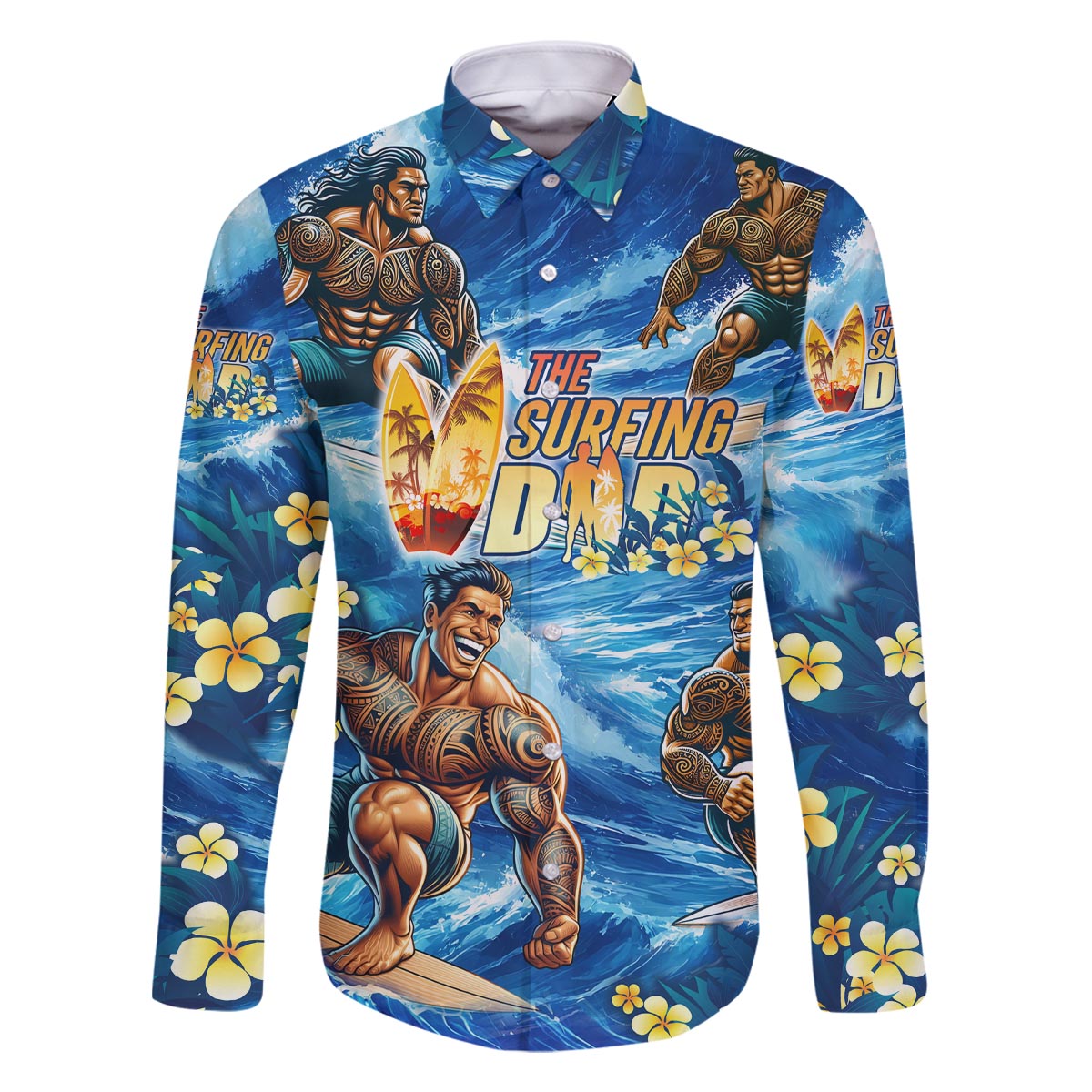 Hawaii Father's Day Family Matching Off The Shoulder Long Sleeve Dress and Hawaiian Shirt The Surfing Dad Polynesian Tattoo