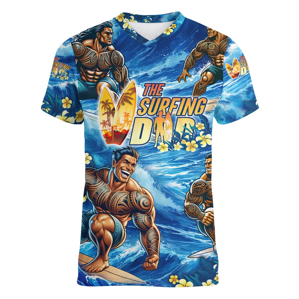 Hawaii Father's Day Women V-Neck T-Shirt The Surfing Dad Polynesian Tattoo DT02 Female Blue - Polynesian Pride