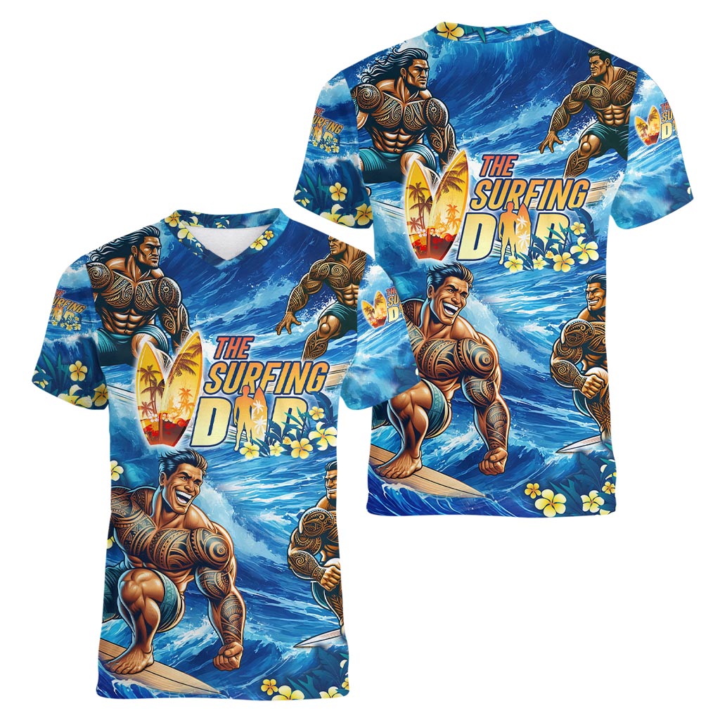 Hawaii Father's Day Women V-Neck T-Shirt The Surfing Dad Polynesian Tattoo DT02 - Polynesian Pride