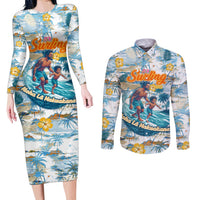 Hawaii Father's Day It's Surfing Time Couples Matching Long Sleeve Bodycon Dress and Long Sleeve Button Shirt Aloha L Makuakane DT02 Blue - Polynesian Pride