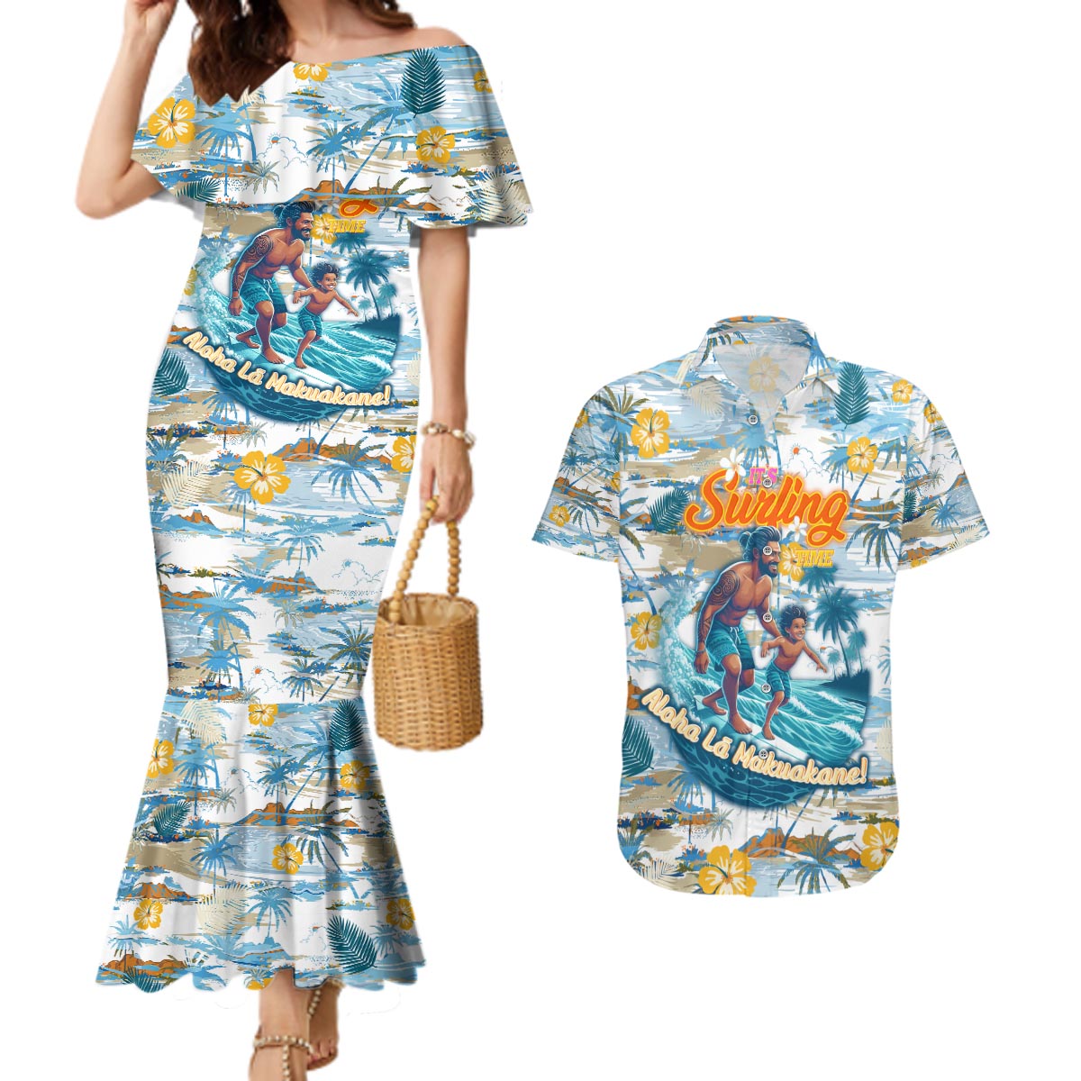 Hawaii Father's Day It's Surfing Time Couples Matching Mermaid Dress and Hawaiian Shirt Aloha L Makuakane DT02 Blue - Polynesian Pride
