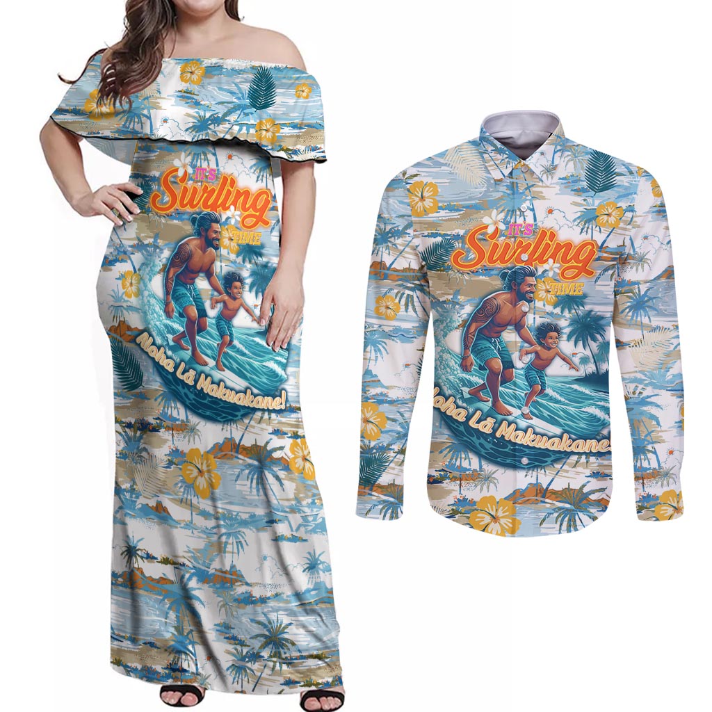 Hawaii Father's Day It's Surfing Time Couples Matching Off Shoulder Maxi Dress and Long Sleeve Button Shirt Aloha L Makuakane DT02 Blue - Polynesian Pride