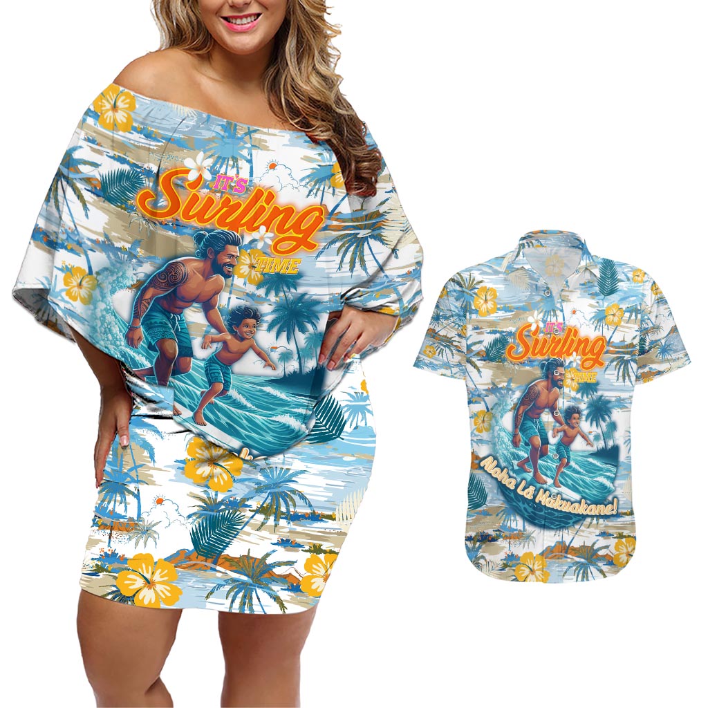 Hawaii Father's Day It's Surfing Time Couples Matching Off Shoulder Short Dress and Hawaiian Shirt Aloha L Makuakane DT02 Blue - Polynesian Pride