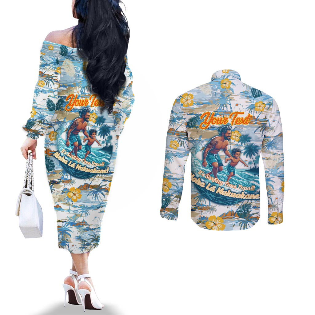 Hawaii Father's Day It's Surfing Time Couples Matching Off The Shoulder Long Sleeve Dress and Long Sleeve Button Shirt Aloha L Makuakane DT02 - Polynesian Pride