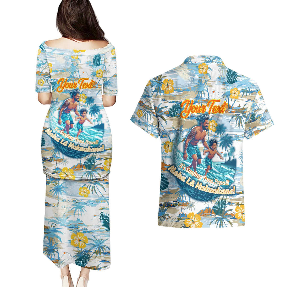 Hawaii Father's Day It's Surfing Time Couples Matching Puletasi and Hawaiian Shirt Aloha L Makuakane DT02 - Polynesian Pride