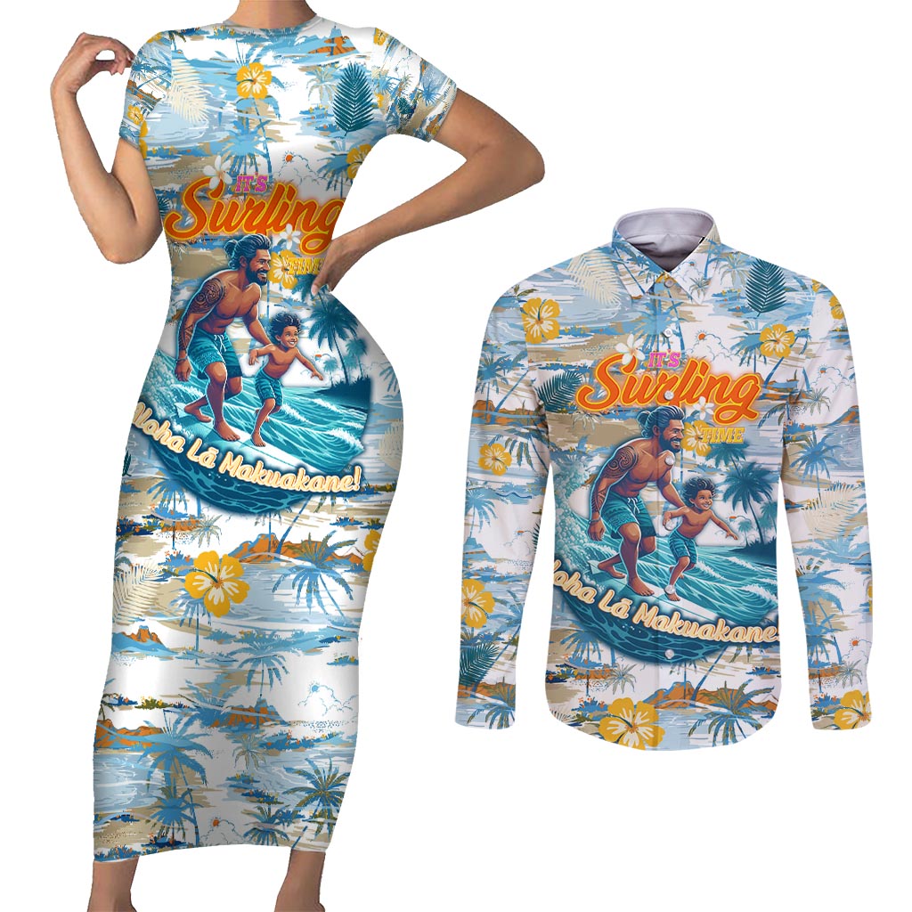 Hawaii Father's Day It's Surfing Time Couples Matching Short Sleeve Bodycon Dress and Long Sleeve Button Shirt Aloha L Makuakane DT02 Blue - Polynesian Pride