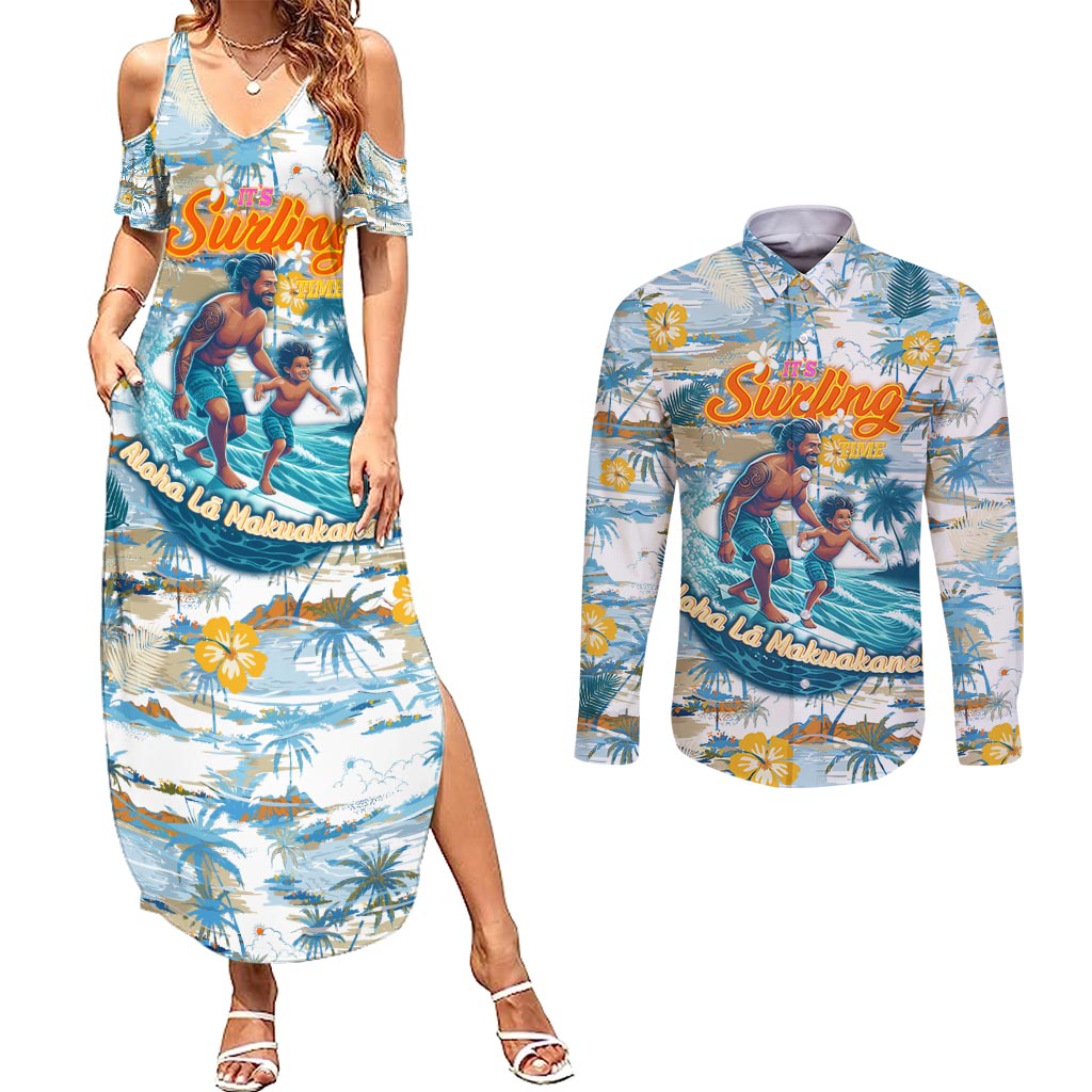 Hawaii Father's Day It's Surfing Time Couples Matching Summer Maxi Dress and Long Sleeve Button Shirt Aloha L Makuakane DT02 Blue - Polynesian Pride