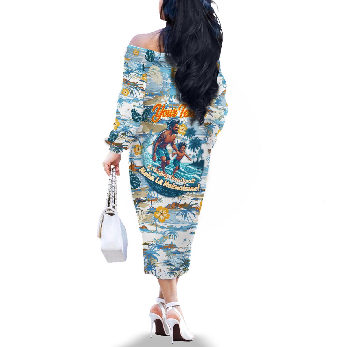 Hawaii Father's Day It's Surfing Time Family Matching Off The Shoulder Long Sleeve Dress and Hawaiian Shirt Aloha Lā Makuakane