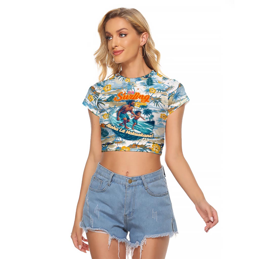 Hawaii Father's Day It's Surfing Time Raglan Cropped T Shirt Aloha L Makuakane DT02 Female Blue - Polynesian Pride