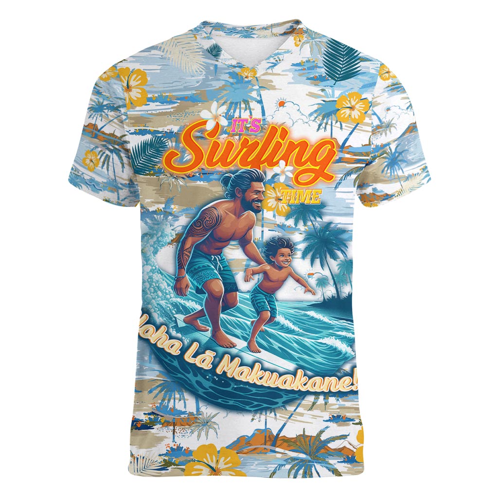 Hawaii Father's Day It's Surfing Time Women V-Neck T-Shirt Aloha L Makuakane DT02 Female Blue - Polynesian Pride