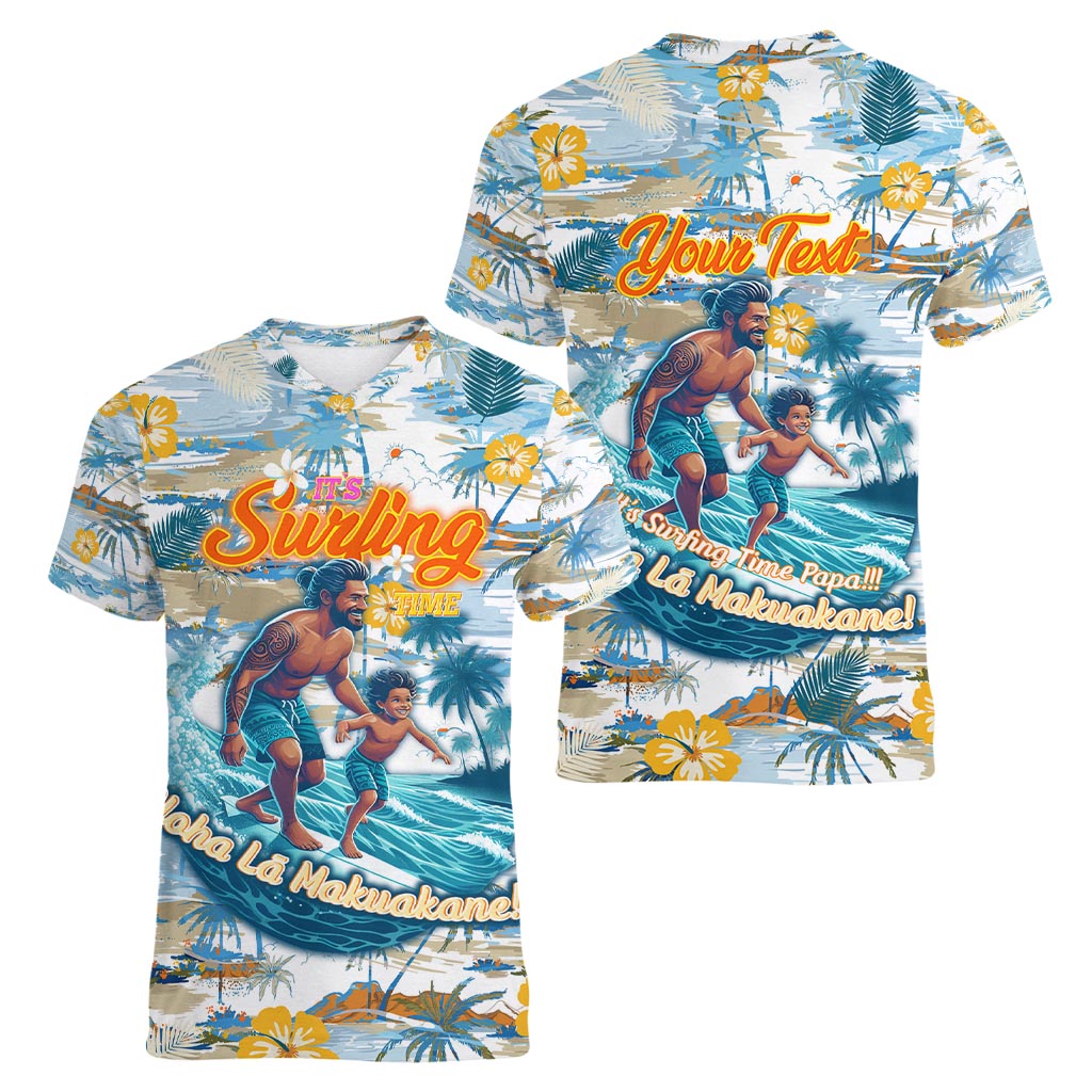 Hawaii Father's Day It's Surfing Time Women V-Neck T-Shirt Aloha L Makuakane DT02 - Polynesian Pride