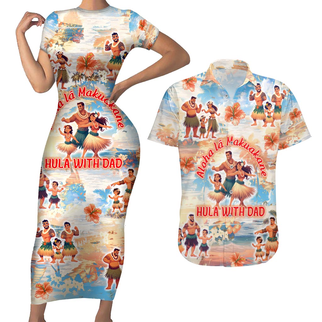 Hawaii Father's Day Couples Matching Short Sleeve Bodycon Dress and Hawaiian Shirt Hula With Dad