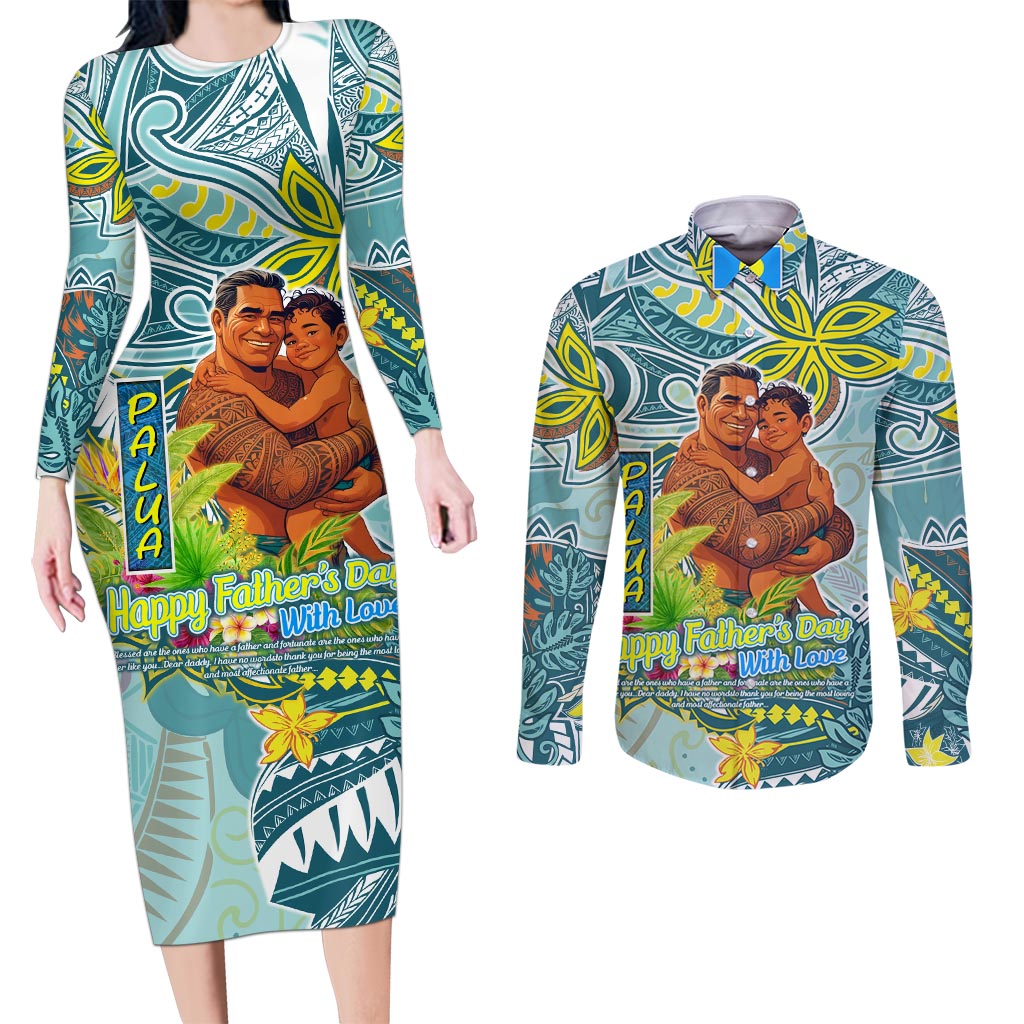 Palau Father's Day Polynesia Couples Matching Long Sleeve Bodycon Dress and Long Sleeve Button Shirt Dad and Son DT02 Blue - Polynesian Pride