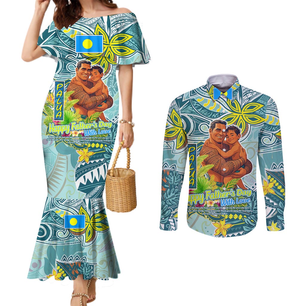 Palau Father's Day Polynesia Couples Matching Mermaid Dress and Long Sleeve Button Shirt Dad and Son DT02 Blue - Polynesian Pride