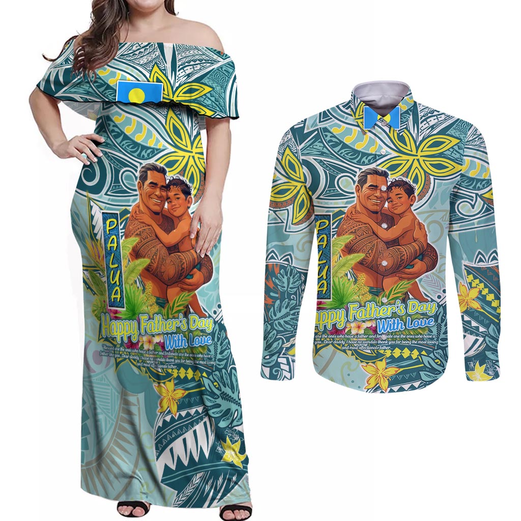 Palau Father's Day Polynesia Couples Matching Off Shoulder Maxi Dress and Long Sleeve Button Shirt Dad and Son DT02 Blue - Polynesian Pride