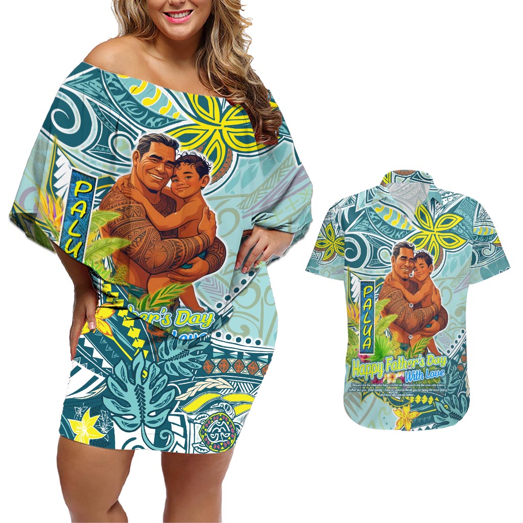 Palau Father's Day Polynesia Couples Matching Off Shoulder Short Dress and Hawaiian Shirt Dad and Son DT02 Blue - Polynesian Pride