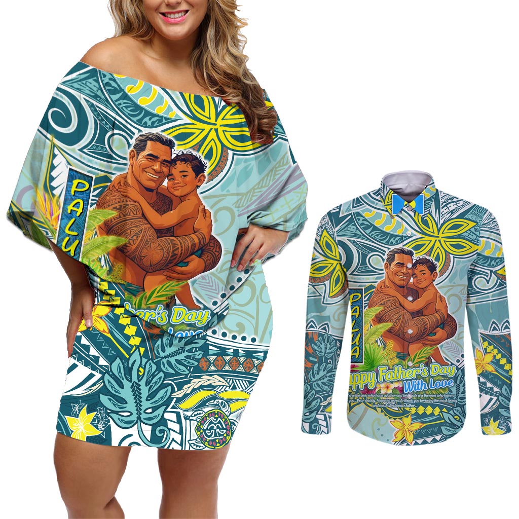 Palau Father's Day Polynesia Couples Matching Off Shoulder Short Dress and Long Sleeve Button Shirt Dad and Son DT02 Blue - Polynesian Pride