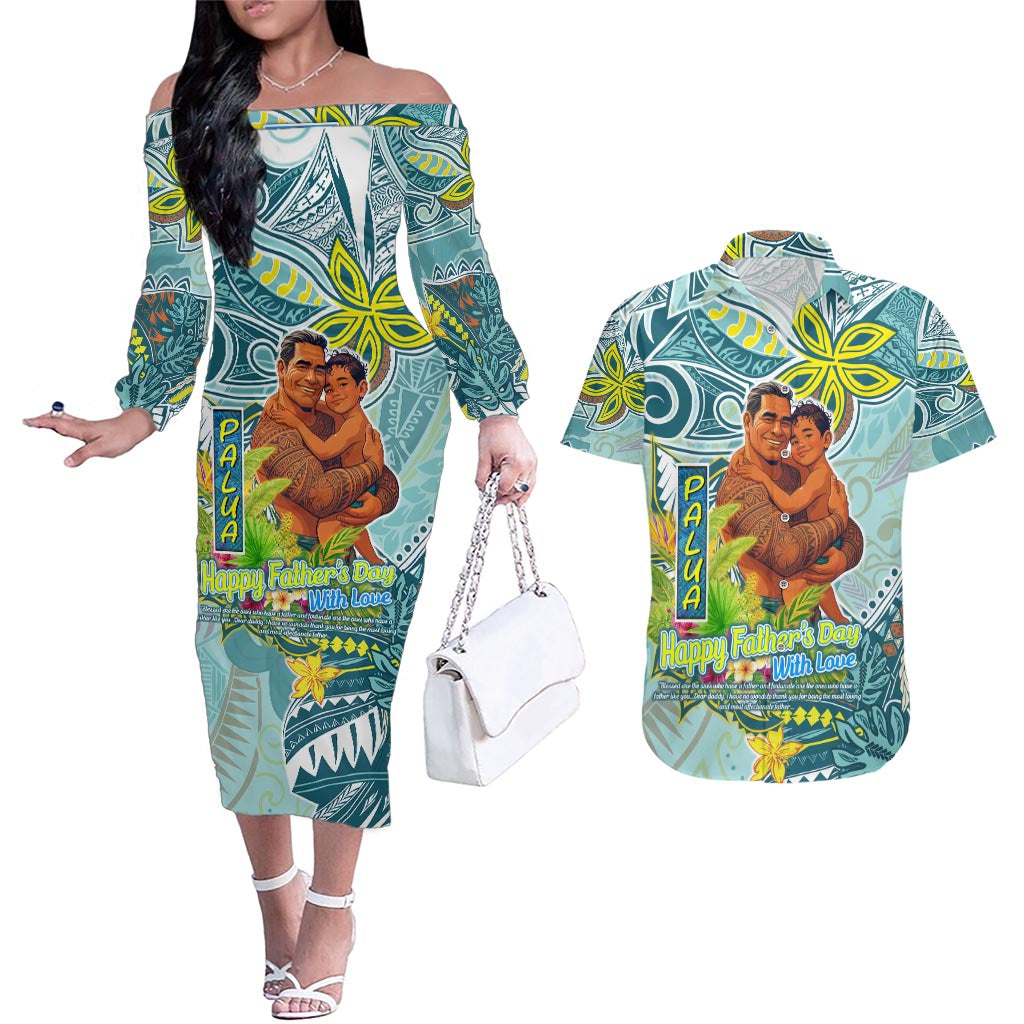Palau Father's Day Polynesia Couples Matching Off The Shoulder Long Sleeve Dress and Hawaiian Shirt Dad and Son DT02 Blue - Polynesian Pride
