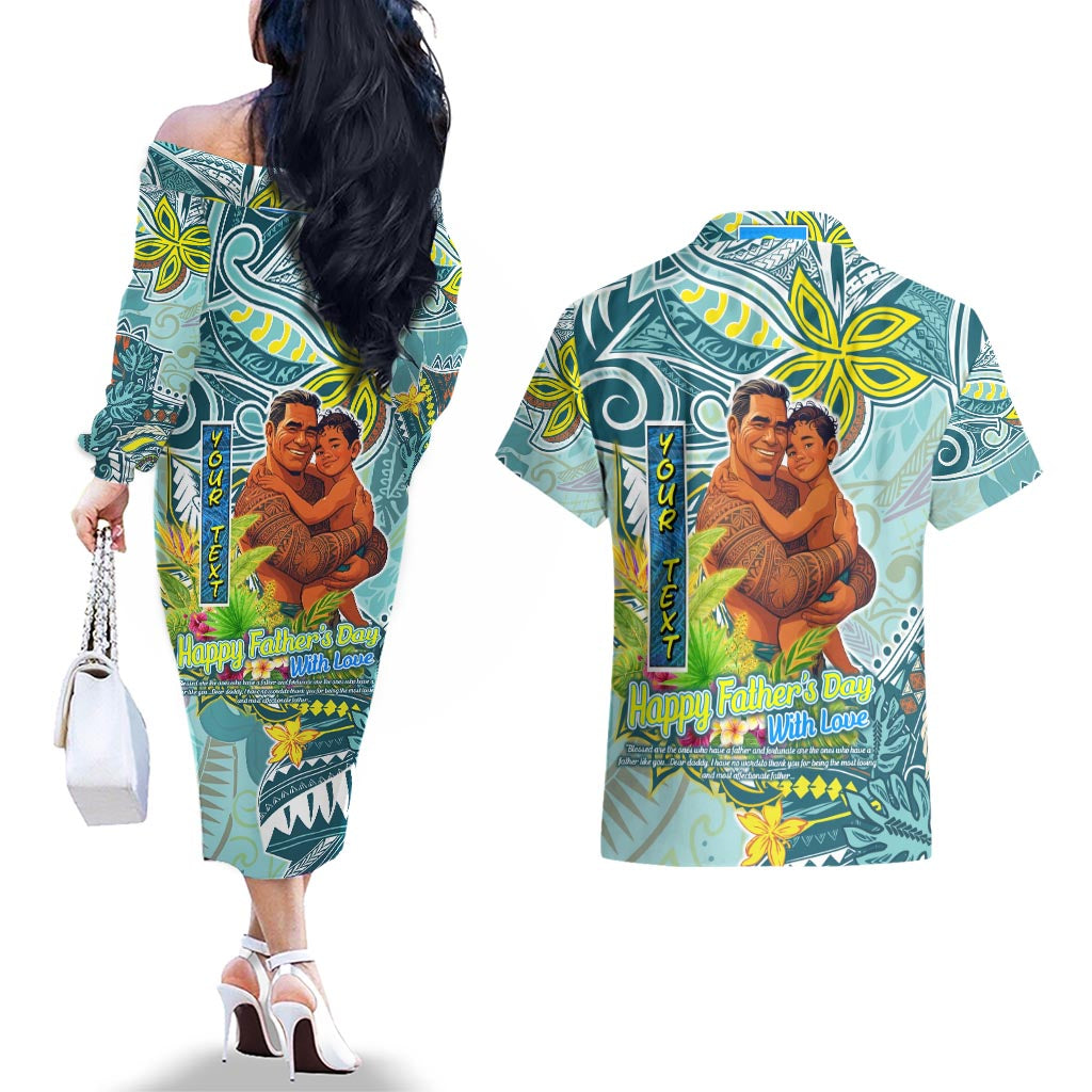 Palau Father's Day Polynesia Couples Matching Off The Shoulder Long Sleeve Dress and Hawaiian Shirt Dad and Son DT02 - Polynesian Pride