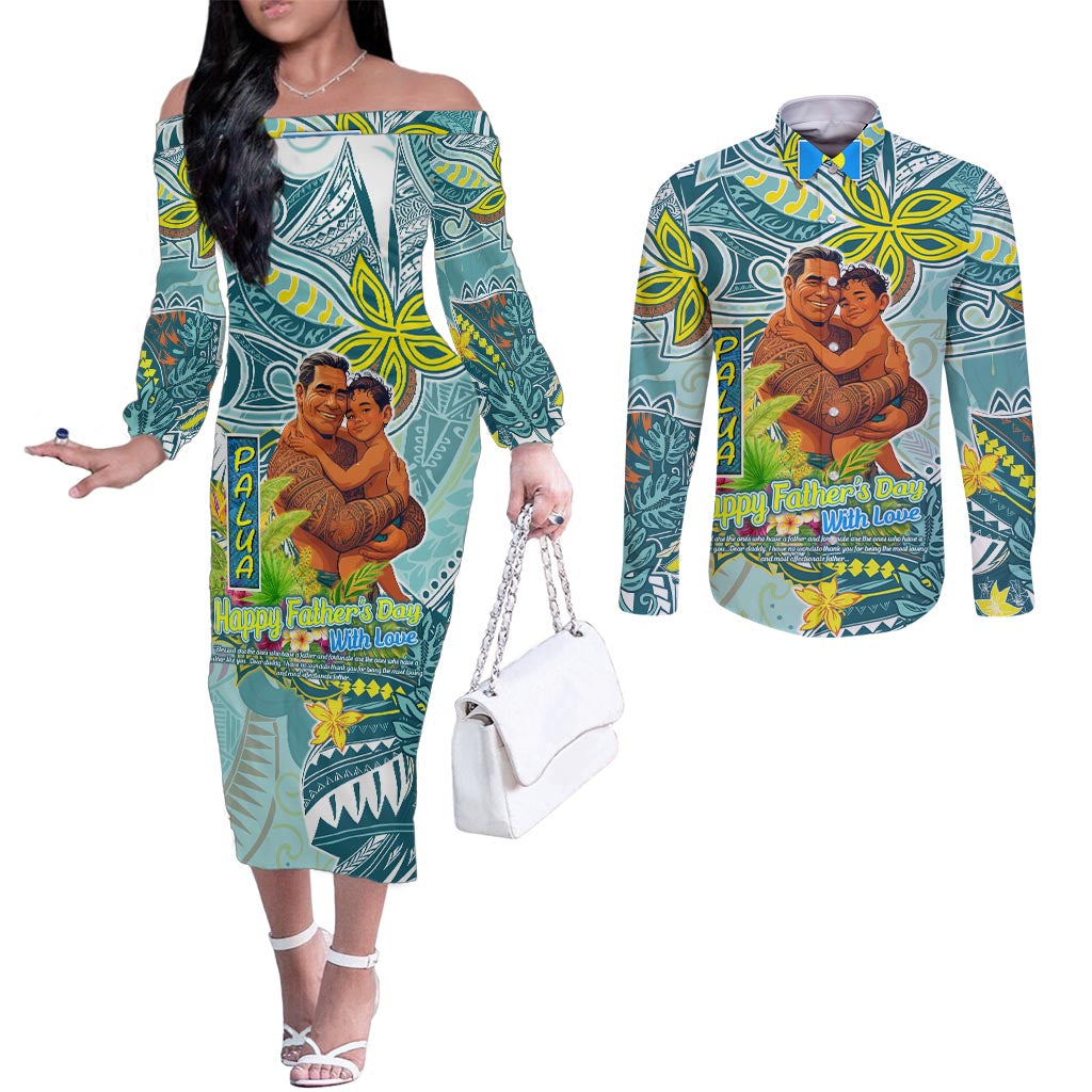 Palau Father's Day Polynesia Couples Matching Off The Shoulder Long Sleeve Dress and Long Sleeve Button Shirt Dad and Son DT02 Blue - Polynesian Pride