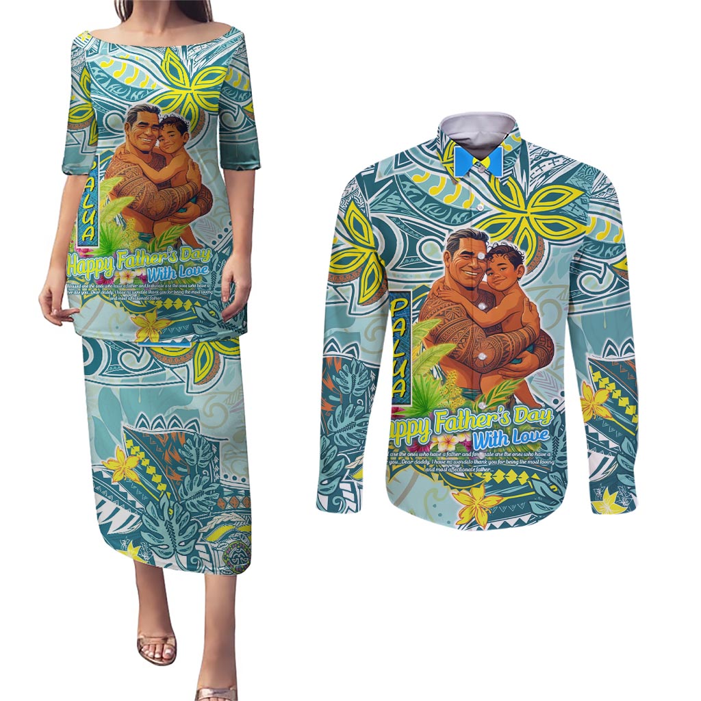Palau Father's Day Polynesia Couples Matching Puletasi and Long Sleeve Button Shirt Dad and Son DT02 Blue - Polynesian Pride