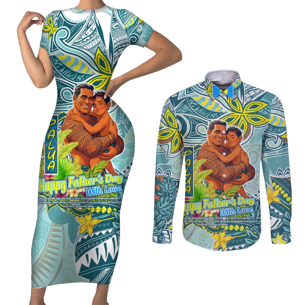 Palau Father's Day Polynesia Couples Matching Short Sleeve Bodycon Dress and Long Sleeve Button Shirt Dad and Son DT02 Blue - Polynesian Pride