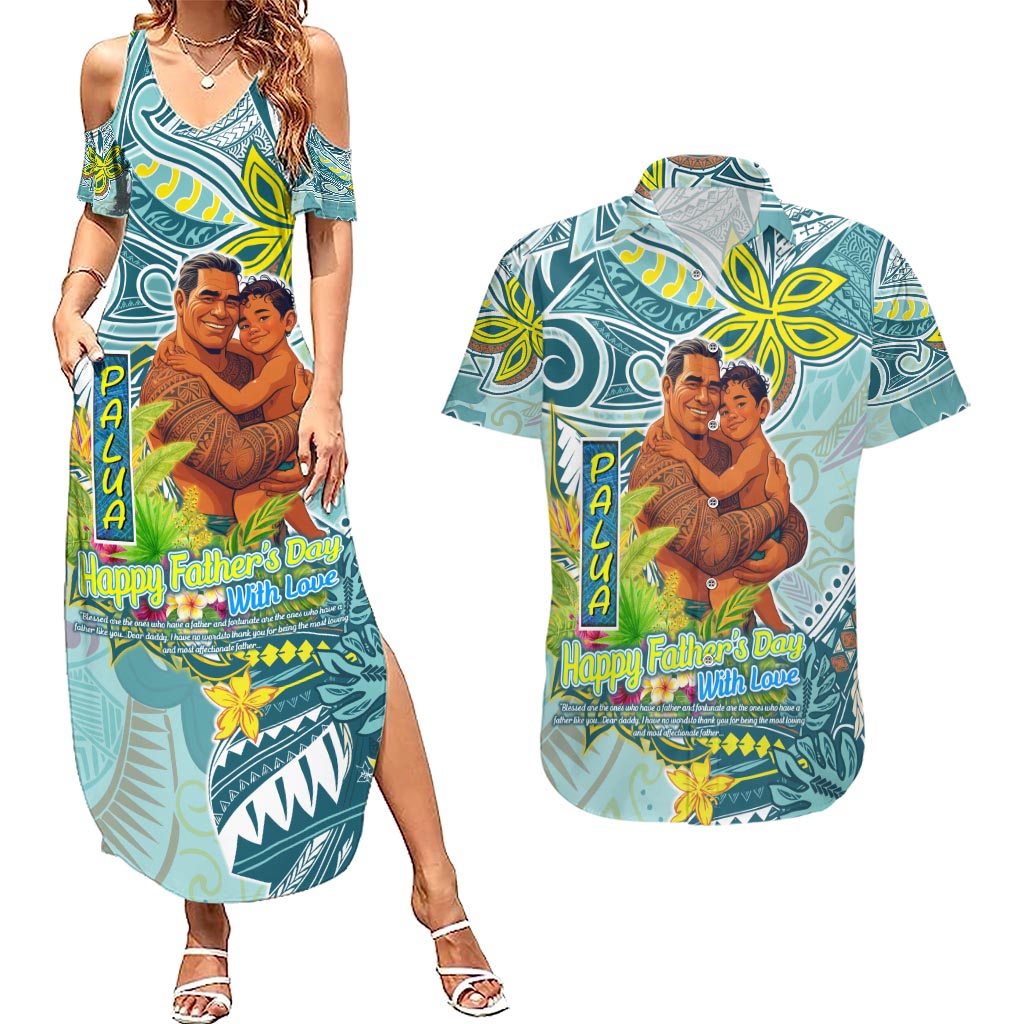 Palau Father's Day Polynesia Couples Matching Summer Maxi Dress and Hawaiian Shirt Dad and Son DT02 Blue - Polynesian Pride