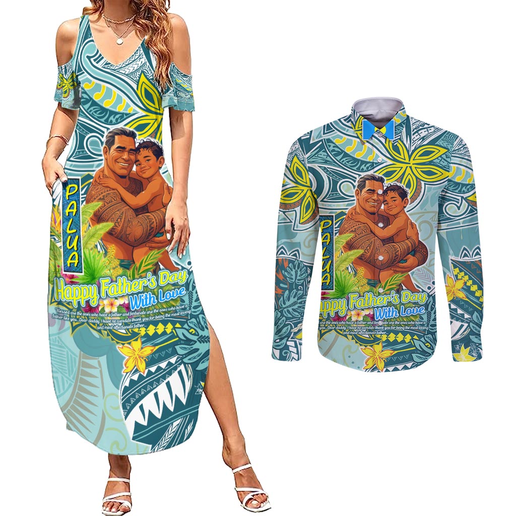 Palau Father's Day Polynesia Couples Matching Summer Maxi Dress and Long Sleeve Button Shirt Dad and Son DT02 Blue - Polynesian Pride