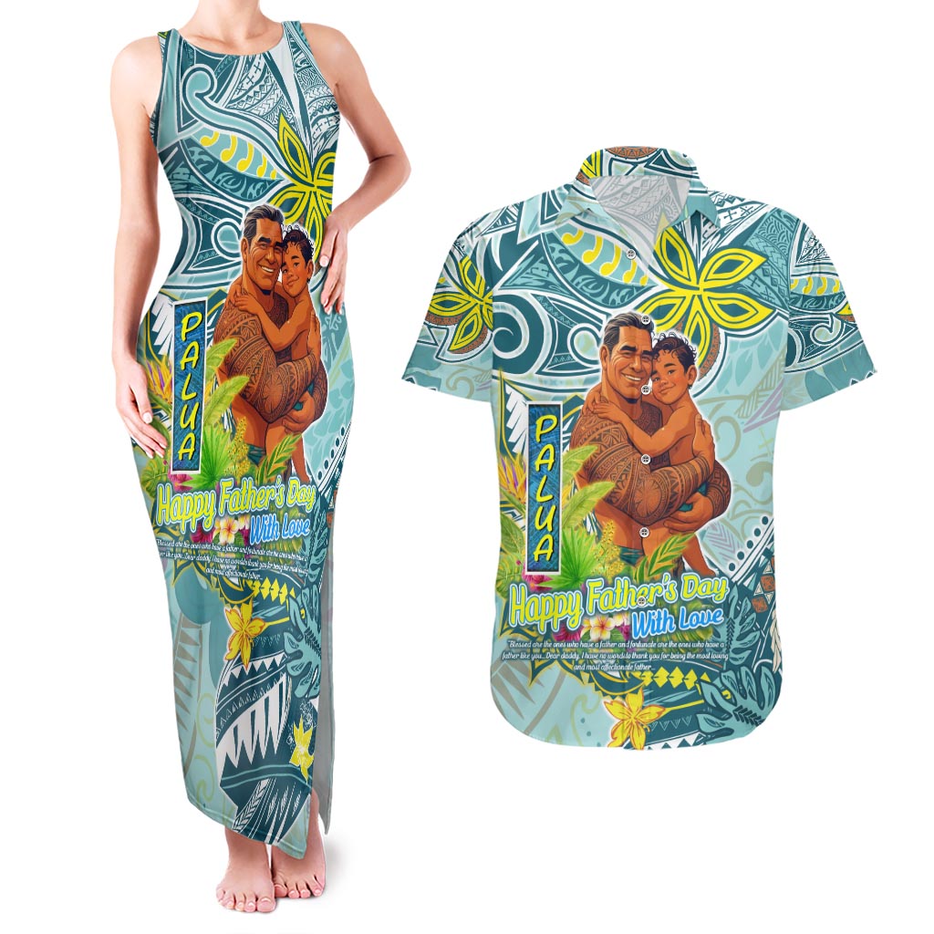 Palau Father's Day Polynesia Couples Matching Tank Maxi Dress and Hawaiian Shirt Dad and Son DT02 Blue - Polynesian Pride