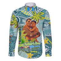 Palau Father's Day Polynesia Family Matching Off Shoulder Short Dress and Hawaiian Shirt Dad and Son DT02 Dad's Shirt - Long Sleeve Blue - Polynesian Pride