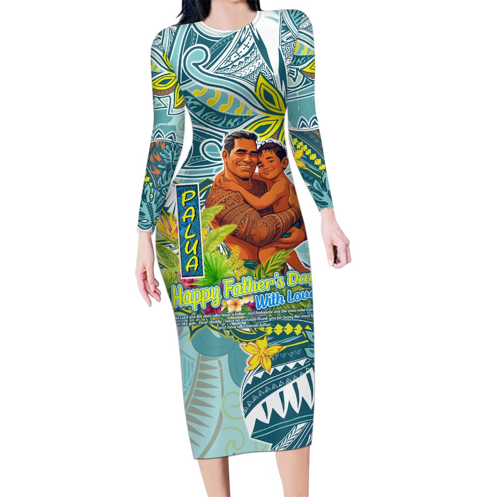 Palau Father's Day Polynesia Long Sleeve Bodycon Dress Dad and Son DT02 Long Dress Blue - Polynesian Pride