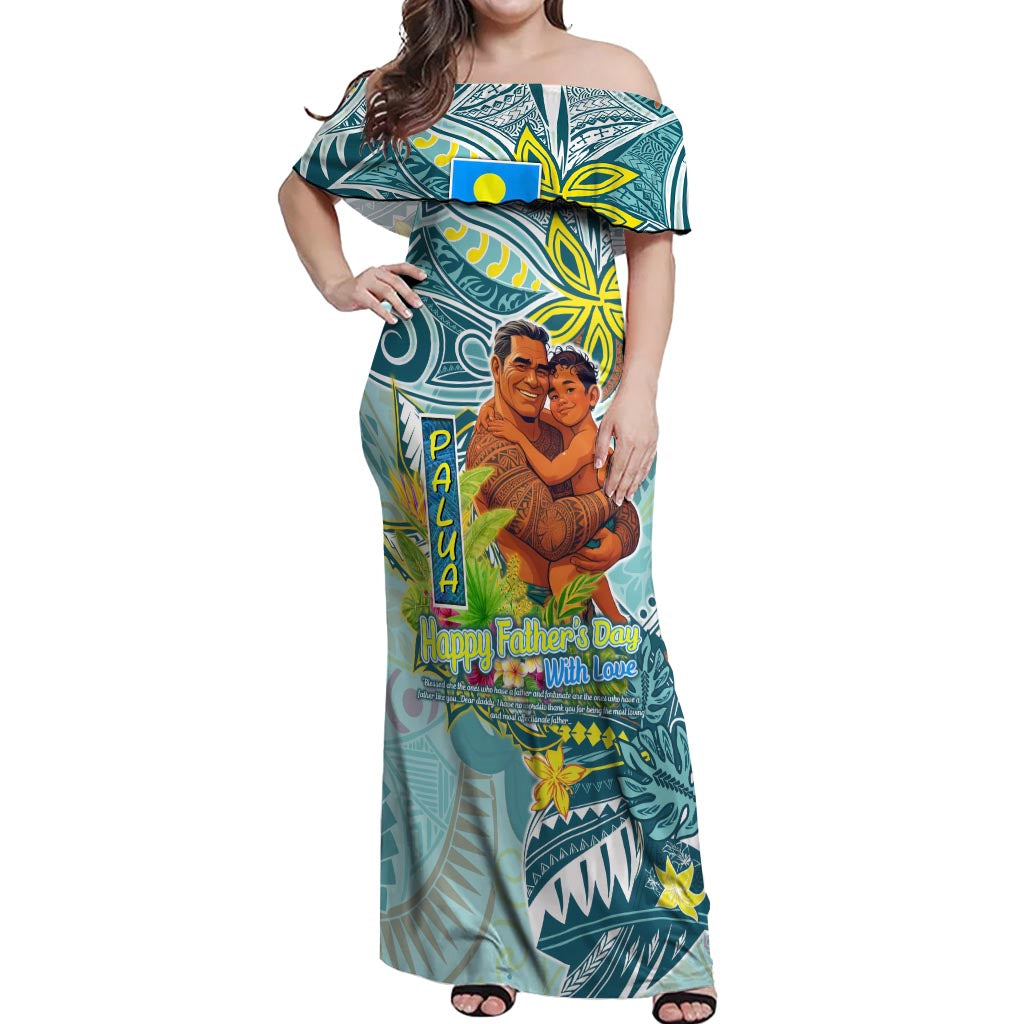 Palau Father's Day Polynesia Off Shoulder Maxi Dress Dad and Son DT02 Women Blue - Polynesian Pride