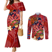 Happy Father's Day French Polynesia Couples Matching Mermaid Dress and Long Sleeve Button Shirt Family Turtle Hibiscus DT02 Red - Polynesian Pride