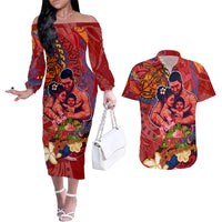Happy Father's Day French Polynesia Couples Matching Off The Shoulder Long Sleeve Dress and Hawaiian Shirt Family Turtle Hibiscus DT02 Red - Polynesian Pride