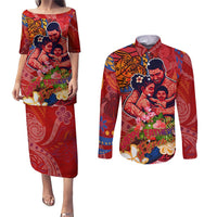 Happy Father's Day French Polynesia Couples Matching Puletasi and Long Sleeve Button Shirt Family Turtle Hibiscus DT02 Red - Polynesian Pride