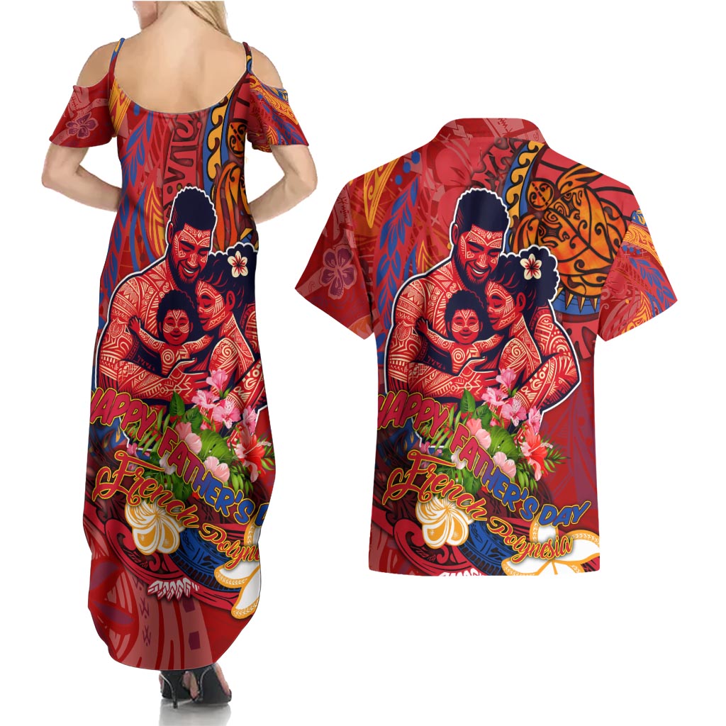 Happy Father's Day French Polynesia Couples Matching Summer Maxi Dress and Hawaiian Shirt Family Turtle Hibiscus