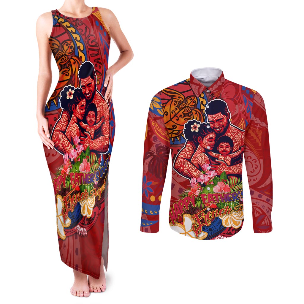 Happy Father's Day French Polynesia Couples Matching Tank Maxi Dress and Long Sleeve Button Shirt Family Turtle Hibiscus DT02 Red - Polynesian Pride