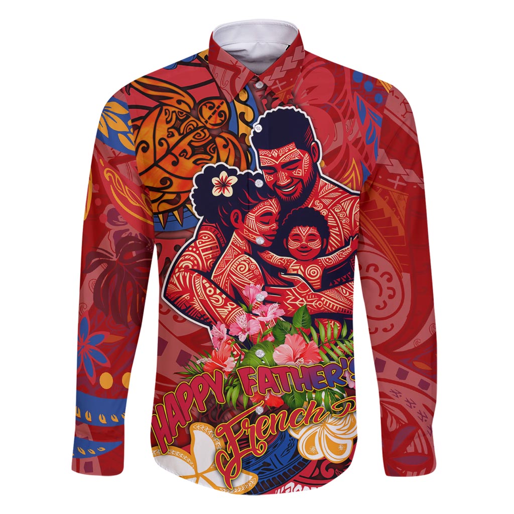 Happy Father's Day French Polynesia Family Matching Off Shoulder Short Dress and Hawaiian Shirt Family Turtle Hibiscus DT02 Dad's Shirt - Long Sleeve Red - Polynesian Pride