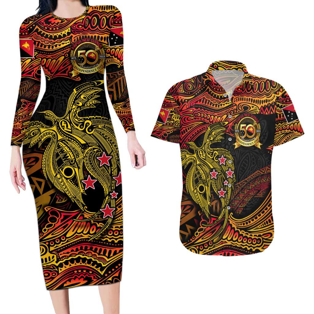 Papua New Guinea 50th Independence Day Couples Matching Long Sleeve Bodycon Dress and Hawaiian Shirt Culture Spirit and Sovereignty