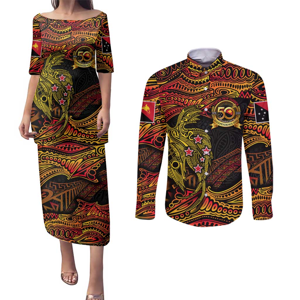 Papua New Guinea 50th Independence Day Couples Matching Puletasi and Long Sleeve Button Shirt Culture Spirit and Sovereignty