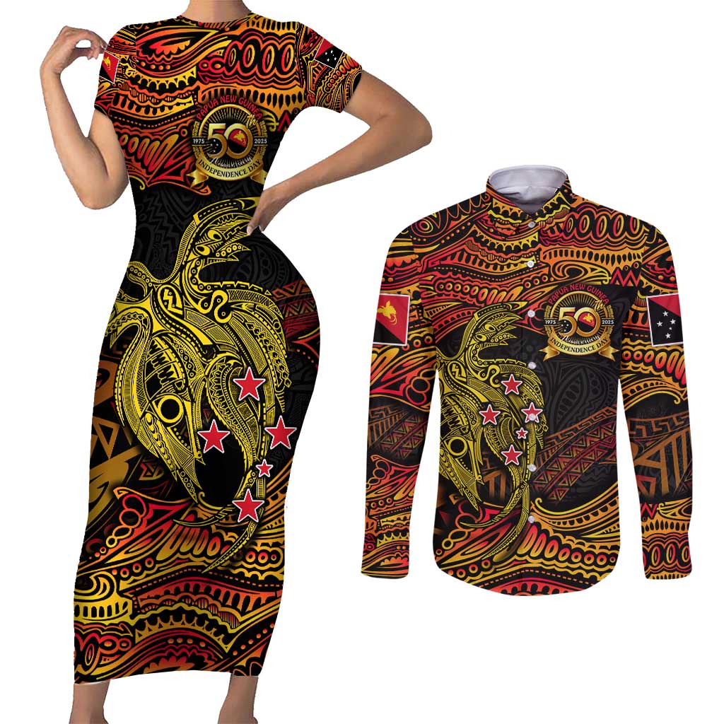 Papua New Guinea 50th Independence Day Couples Matching Short Sleeve Bodycon Dress and Long Sleeve Button Shirt Culture Spirit and Sovereignty DT02 Art - Polynesian Pride