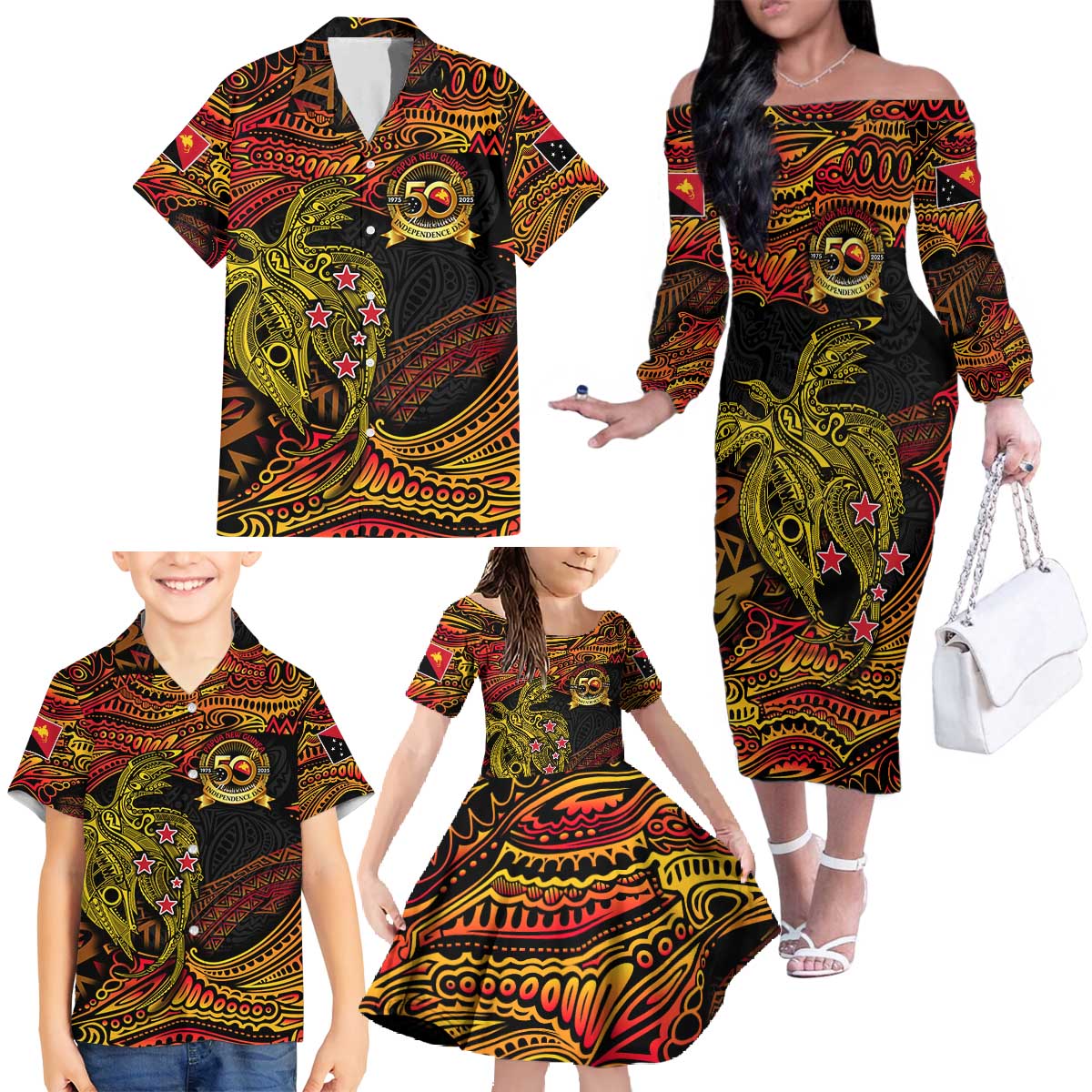 Papua New Guinea 50th Independence Day Family Matching Off The Shoulder Long Sleeve Dress and Hawaiian Shirt Culture Spirit and Sovereignty