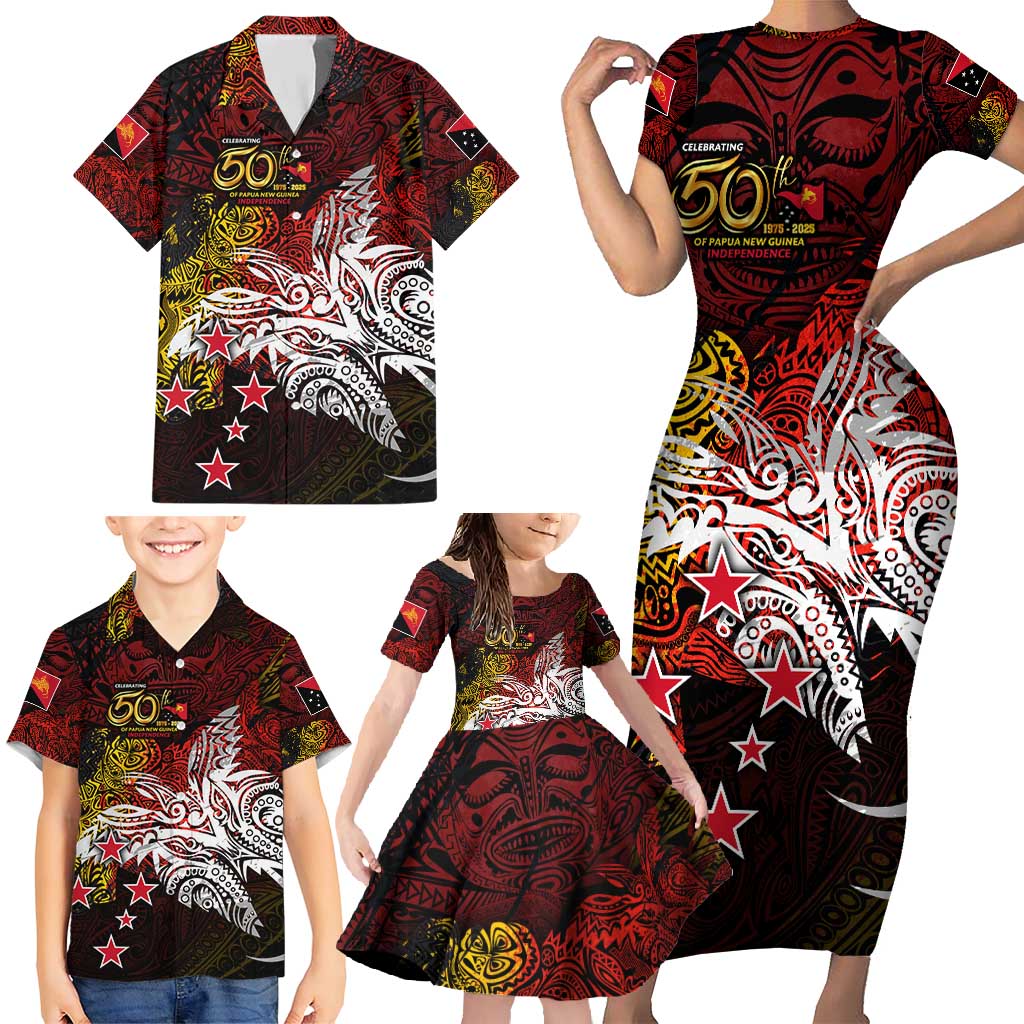 PNG 1975 - 2025 Family Matching Short Sleeve Bodycon Dress and Hawaiian Shirt Papua New Guinea 50th Independence Anniversary