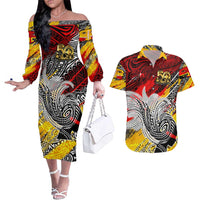 Papua New Guinea 50th Independence Day Couples Matching Off The Shoulder Long Sleeve Dress and Hawaiian Shirt Celebrate Our History, Inspire Our Future