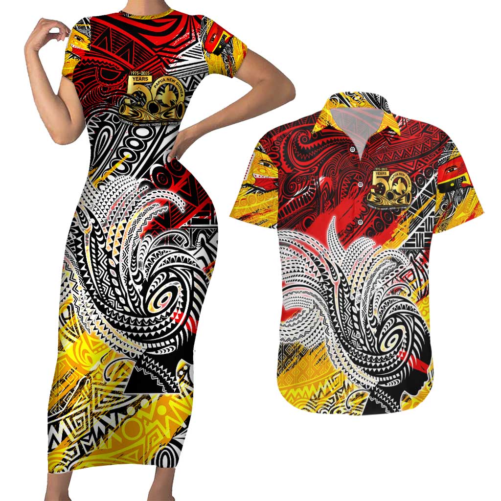 Papua New Guinea 50th Independence Day Couples Matching Short Sleeve Bodycon Dress and Hawaiian Shirt Celebrate Our History, Inspire Our Future DT02 Art - Polynesian Pride