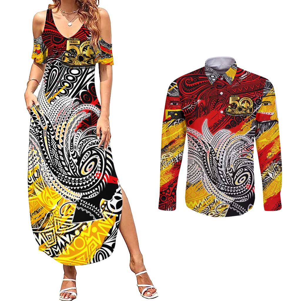 Papua New Guinea 50th Independence Day Couples Matching Summer Maxi Dress and Long Sleeve Button Shirt Celebrate Our History, Inspire Our Future DT02 Art - Polynesian Pride
